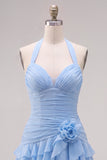 Abito blu Necker Bodycon Neck a livelli e pieghe con fiori 3D
