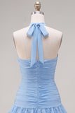 Abito blu Necker Bodycon Neck a livelli e pieghe con fiori 3D