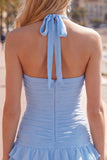 Abito blu Necker Bodycon Neck a livelli e pieghe con fiori 3D