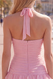 Abito blu Necker Bodycon Neck a livelli e pieghe con fiori 3D