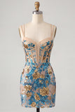 Corsetto bodycon con fiori blu, paillettes, pizzi sul retro, spalline slarglie, abito corto di ritorno a casa,