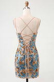 Corsetto bodycon con fiori blu, paillettes, pizzi sul retro, spalline slarglie, abito corto di ritorno a casa,