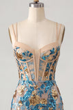 Corsetto bodycon con fiori blu, paillettes, pizzi sul retro, spalline slarglie, abito corto di ritorno a casa,