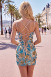 Corsetto bodycon con fiori blu, paillettes, pizzi sul retro, spalline slarglie, abito corto di ritorno a casa,