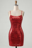 Vestito corto di ritorno a casa con spalline rosse scintillanti con spalline scorta e paillettes corse