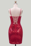 Vestito corto di ritorno a casa con spalline rosse scintillanti con spalline scorta e paillettes corse