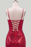 Vestito corto di ritorno a casa con spalline rosse scintillanti con spalline scorta e paillettes corse