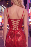 Vestito corto di ritorno a casa con spalline rosse scintillanti con spalline scorta e paillettes corse