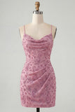 Rosa polverosa bodycon pieno arricciato con pizzi raccolti dietro spalline Abito corto di homecoming con perline