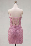 Rosa polverosa bodycon pieno arricciato con pizzi raccolti dietro spalline Abito corto di homecoming con perline