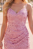 Rosa polverosa bodycon pieno arricciato con pizzi raccolti dietro spalline Abito corto di homecoming con perline
