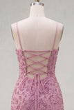 Rosa polverosa bodycon pieno arricciato con pizzi raccolti dietro spalline Abito corto di homecoming con perline