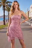 Vestito corto di cocktail senza spalline Dusty Rose Bodycon Arrugata