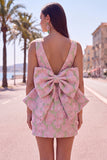 Abito di cocktail a Fine Rosa Verde Bodycon Bateau con fiocco grande