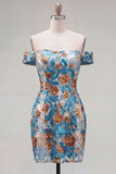 Vestito corto di cocktail a casa con fiori blu scintillanti con paillettes scoperte