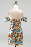 Vestito corto di cocktail a casa con fiori blu scintillanti con paillettes scoperte