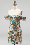 Vestito corto di cocktail a casa con fiori blu scintillanti con paillettes scoperte