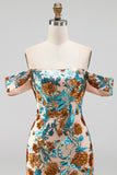 Vestito corto di cocktail a casa con fiori blu scintillanti con paillettes scoperte
