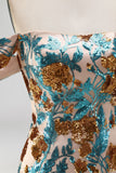 Vestito corto di cocktail a casa con fiori blu scintillanti con paillettes scoperte
