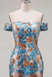 Vestito corto di cocktail a casa con fiori blu scintillanti con paillettes scoperte