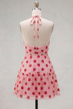 Abito corto di homecoming con scollo rosa a fila rosa con scollo a scollo a scollo con volant