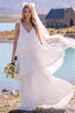 Abito da sposa Maxi Elopement bianco scollo a V e a livelli