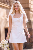 Abito da sposa mini elopement bianco a linea quadrata a scollo quadrato senza maniche con fiori 3D