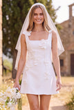 Abito da sposa mini elopement bianco a linea quadrata a scollo quadrato senza maniche con fiori 3D