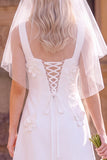 Abito da sposa mini elopement bianco a linea quadrata a scollo quadrato senza maniche con fiori 3D