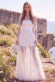 Abito da sposa Maxi Elopement a maniche lunghe a maniche squadrate bianche con pizzo