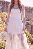 Abito da sposa Maxi Elopement a maniche lunghe a maniche squadrate bianche con pizzo