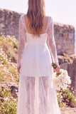 Abito da sposa Maxi Elopement a maniche lunghe a maniche squadrate bianche con pizzo