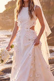 Abito da sposa Maxi Elopement con scol a collo rotondo a scollo a linea a A con ritaglio applicate
