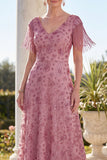 Abito polveroso Rose A-Line collo a V con frangie
