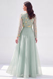 Abito floreale madre della sposa verde chiffon a linea battuta con maniche lunghe