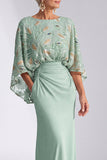 Abito verde Sirena Bateau con scollo battuto Abito Floreale Madre della Sposa Lungo con maniche a svasa