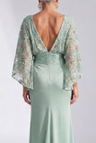 Abito verde Sirena Bateau con scollo battuto Abito Floreale Madre della Sposa Lungo con maniche a svasa