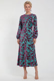 Abito midi floreale in vellusia fucsia con maniche lunghe