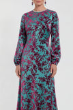 Abito midi floreale in vellusia fucsia con maniche lunghe