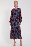 Abito midi floreale in vellusia fucsia con maniche lunghe