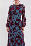 Abito midi floreale in vellusia fucsia con maniche lunghe