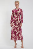 Abito midi floreale in vellusia fucsia con maniche lunghe