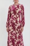 Abito midi floreale in vellusia fucsia con maniche lunghe