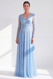 Abito lungo Mother of the Bride in linea viola scuro con scollo a V e maniche lunghe