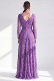 Abito lungo Mother of the Bride in linea viola scuro con scollo a V e maniche lunghe