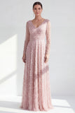 Abito lungo Mother of the Bride in linea viola scuro con scollo a V e maniche lunghe