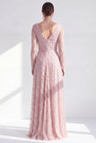 Abito lungo Mother of the Bride in linea viola scuro con scollo a V e maniche lunghe