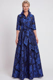 Abito Madre della Sposa A-Line Blu Navy Floreale Jacquard a maniche mezze con cintura