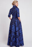 Abito Madre della Sposa A-Line Blu Navy Floreale Jacquard a maniche mezze con cintura