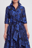 Abito Madre della Sposa A-Line Blu Navy Floreale Jacquard a maniche mezze con cintura